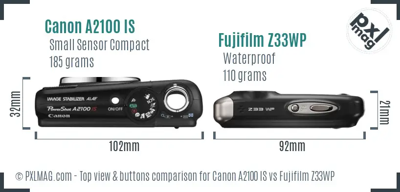 Canon A2100 IS vs Fujifilm Z33WP top view buttons comparison Canon A2100 IS vs Fujifilm Z33WP top view buttons comparison