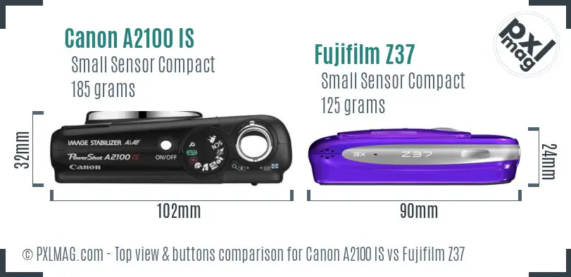 Canon A2100 IS vs Fujifilm Z37 top view buttons comparison