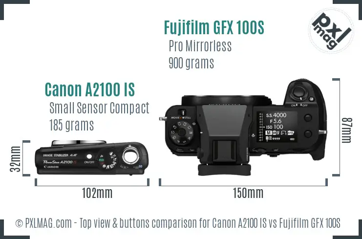 Canon A2100 IS vs Fujifilm GFX 100S top view buttons comparison