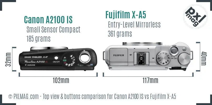 Canon A2100 IS vs Fujifilm X-A5 top view buttons comparison