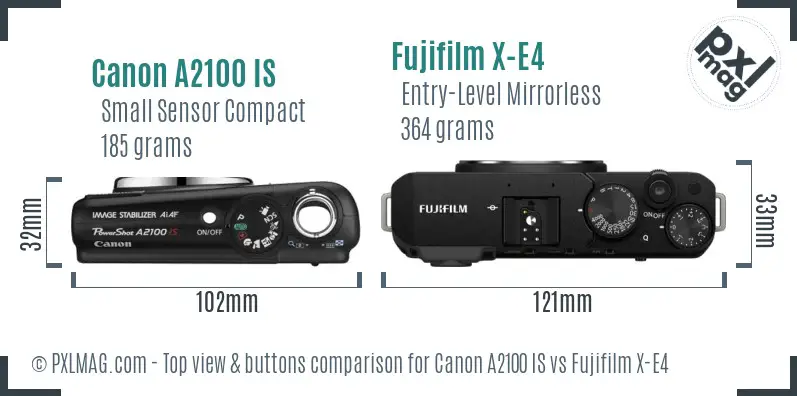 Canon A2100 IS vs Fujifilm X-E4 top view buttons comparison