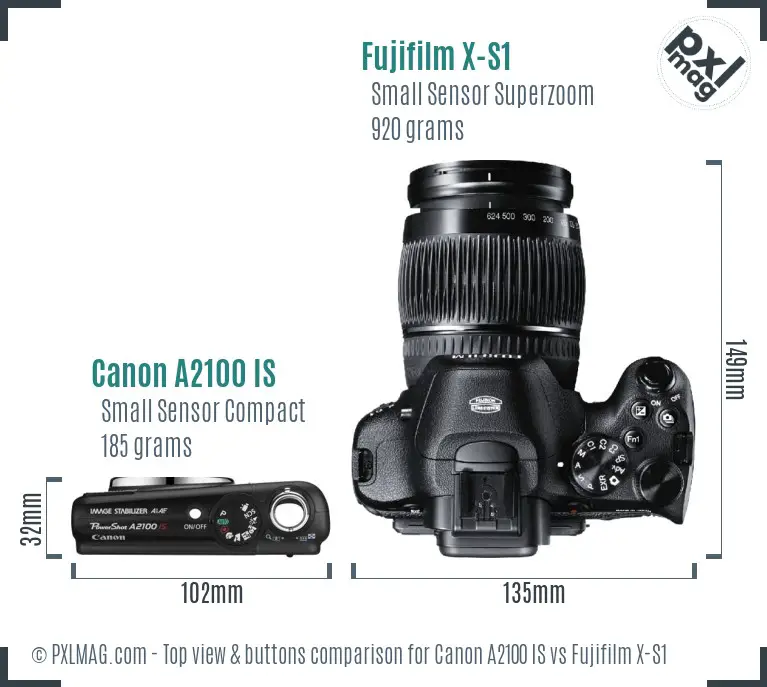 Canon A2100 IS vs Fujifilm X-S1 top view buttons comparison Canon A2100 IS vs Fujifilm X-S1 top view buttons comparison