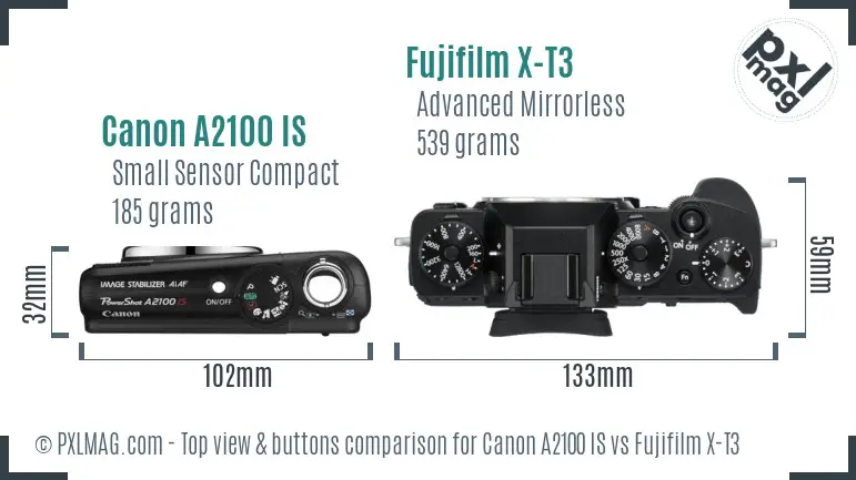 Canon A2100 IS vs Fujifilm X-T3 top view buttons comparison