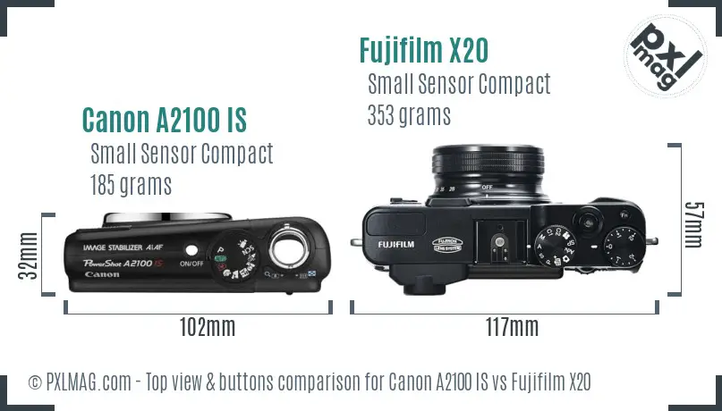 Canon A2100 IS vs Fujifilm X20 top view buttons comparison