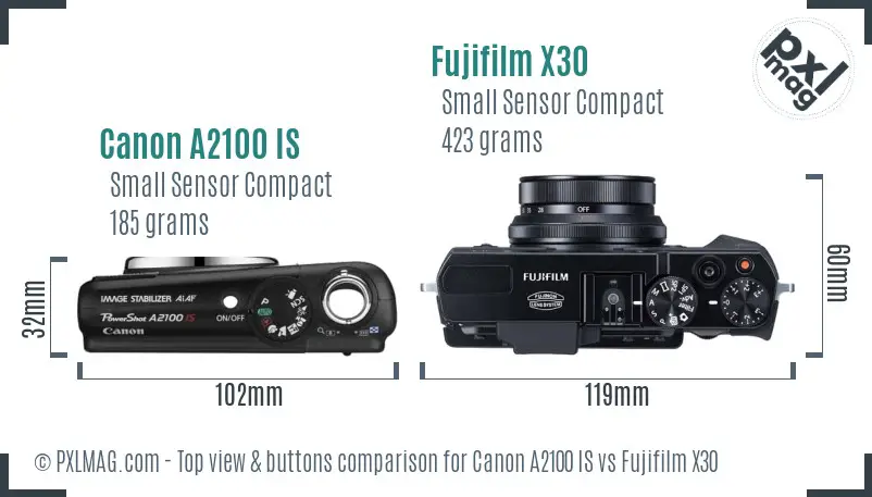 Canon A2100 IS vs Fujifilm X30 top view buttons comparison