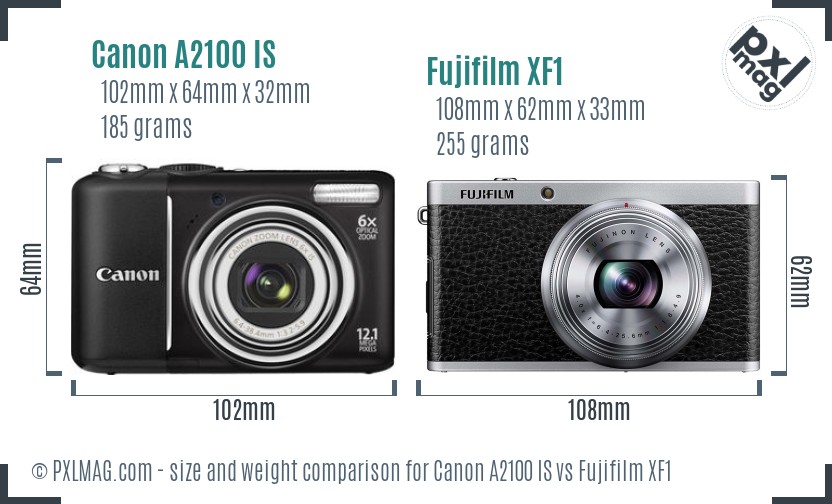 Canon A2100 IS vs Fujifilm XF1 size comparison