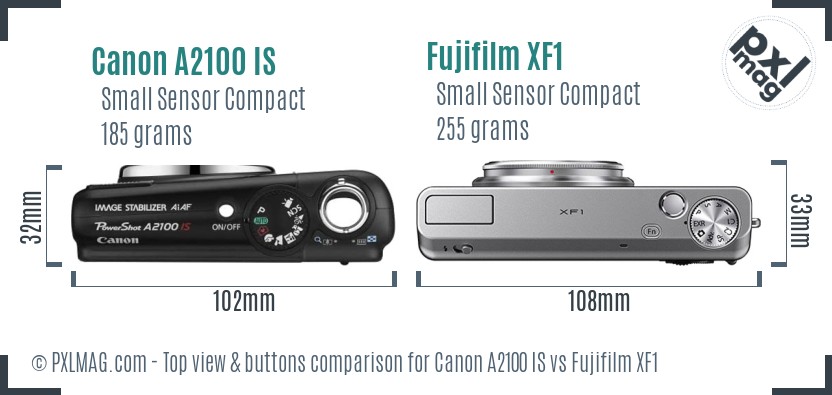 Canon A2100 IS vs Fujifilm XF1 top view buttons comparison