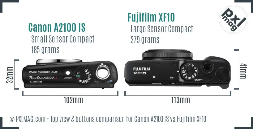 Canon A2100 IS vs Fujifilm XF10 top view buttons comparison Canon A2100 IS vs Fujifilm XF10 top view buttons comparison