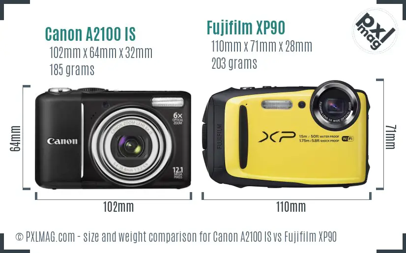 Canon A2100 IS vs Fujifilm XP90 size comparison