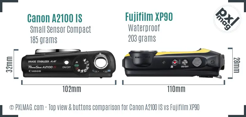Canon A2100 IS vs Fujifilm XP90 top view buttons comparison