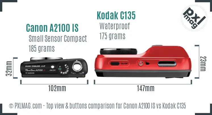 Canon A2100 IS vs Kodak C135 top view buttons comparison