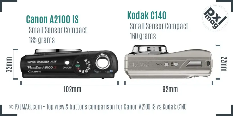 Canon A2100 IS vs Kodak C140 top view buttons comparison Canon A2100 IS vs Kodak C140 top view buttons comparison