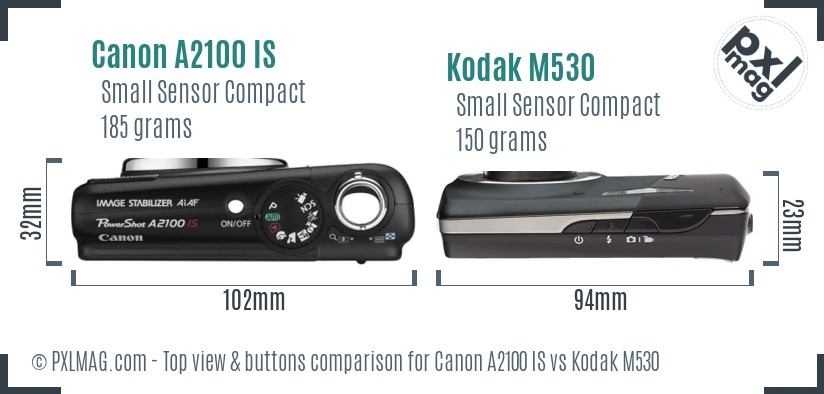 Canon A2100 IS vs Kodak M530 top view buttons comparison