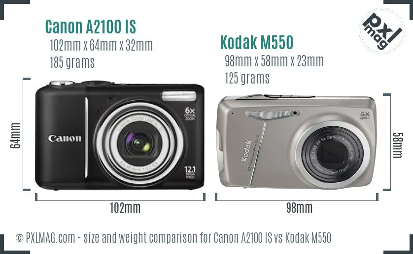 Canon A2100 IS vs Kodak M550 size comparison