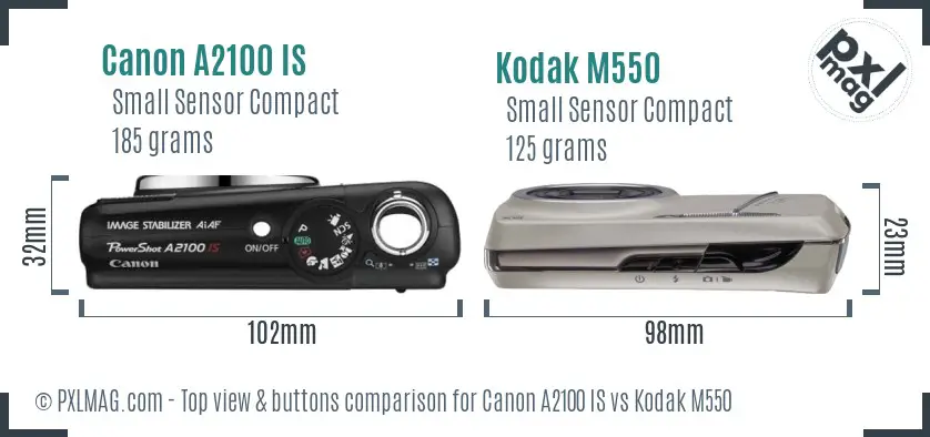 Canon A2100 IS vs Kodak M550 top view buttons comparison