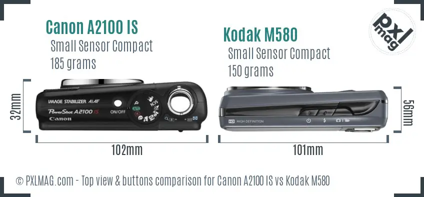 Canon A2100 IS vs Kodak M580 top view buttons comparison