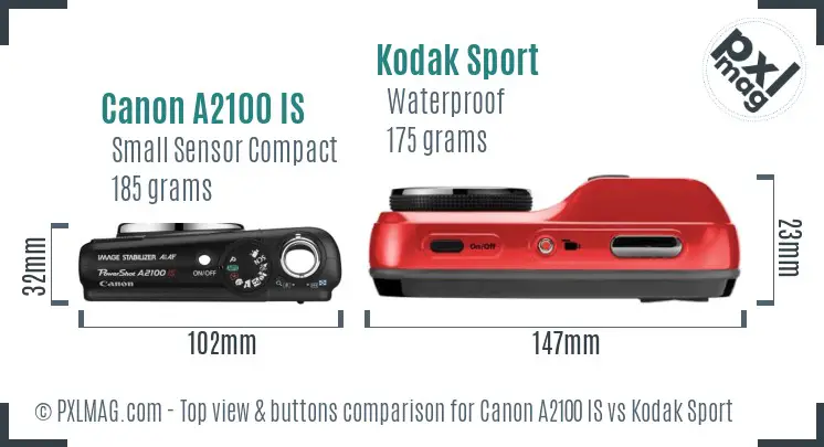 Canon A2100 IS vs Kodak Sport top view buttons comparison