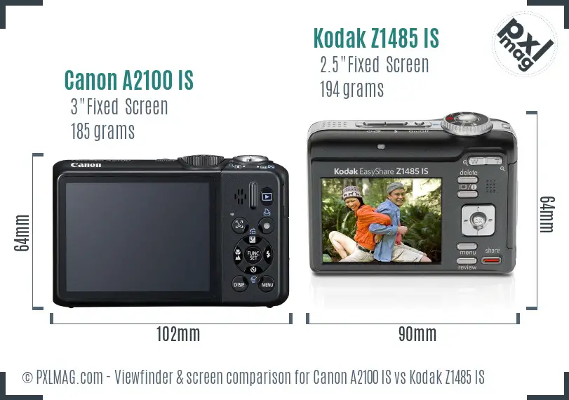Canon A2100 IS vs Kodak Z1485 IS Screen and Viewfinder comparison