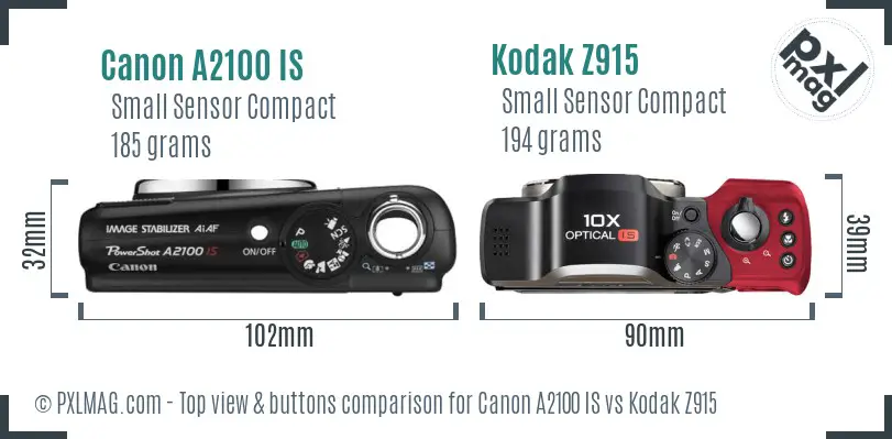 Canon A2100 IS vs Kodak Z915 top view buttons comparison