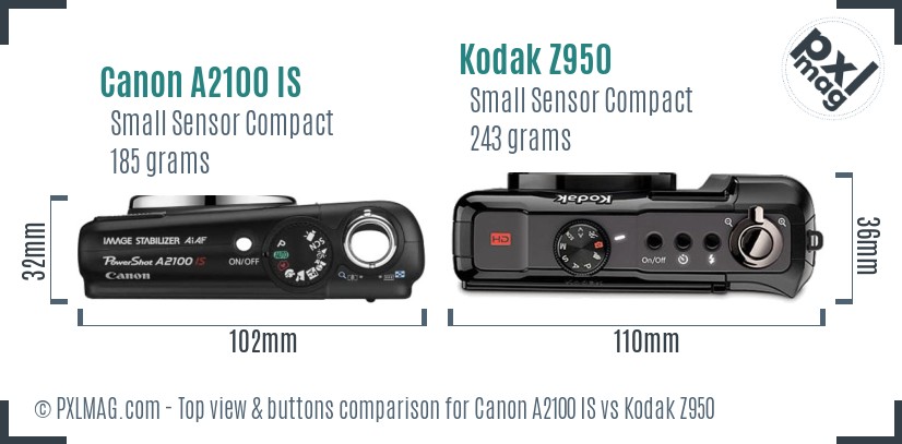 Canon A2100 IS vs Kodak Z950 top view buttons comparison