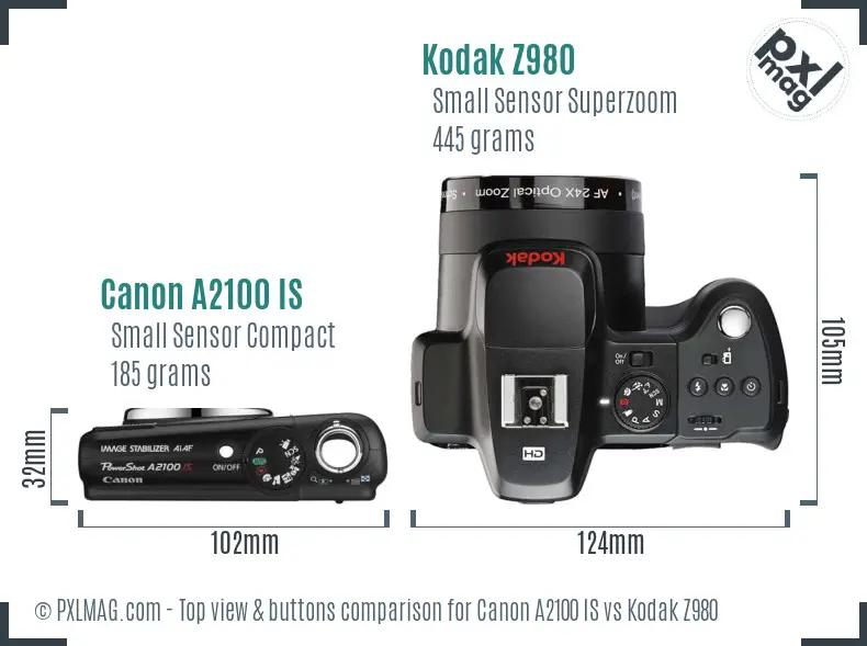 Canon A2100 IS vs Kodak Z980 top view buttons comparison