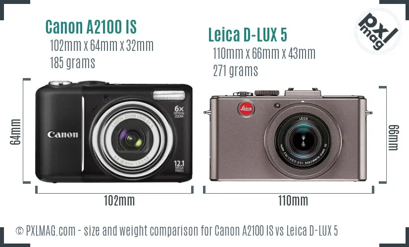 Canon A2100 IS vs Leica D-LUX 5 size comparison