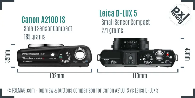 Canon A2100 IS vs Leica D-LUX 5 top view buttons comparison