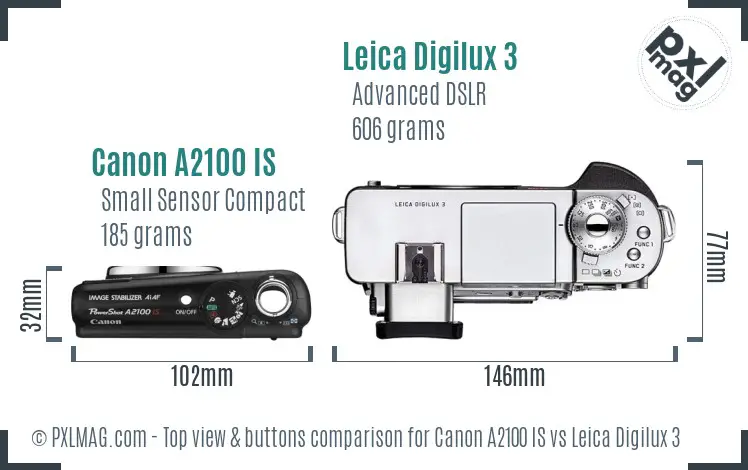 Canon A2100 IS vs Leica Digilux 3 top view buttons comparison