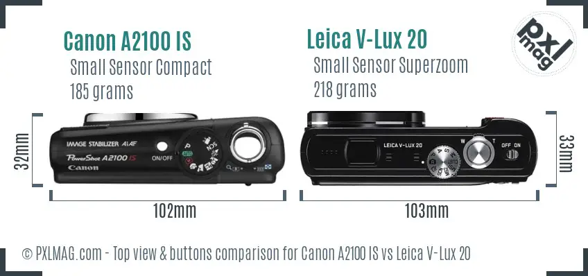 Canon A2100 IS vs Leica V-Lux 20 top view buttons comparison