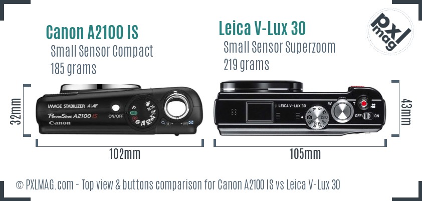 Canon A2100 IS vs Leica V-Lux 30 top view buttons comparison