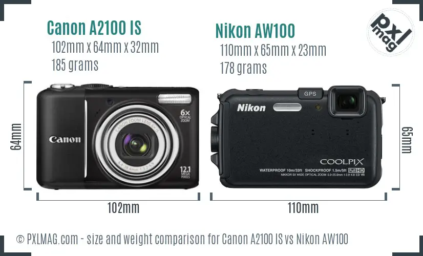 Canon A2100 IS vs Nikon AW100 size comparison