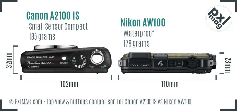 Canon A2100 IS vs Nikon AW100 top view buttons comparison