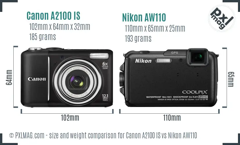 Canon A2100 IS vs Nikon AW110 size comparison Canon A2100 IS vs Nikon AW110 size comparison