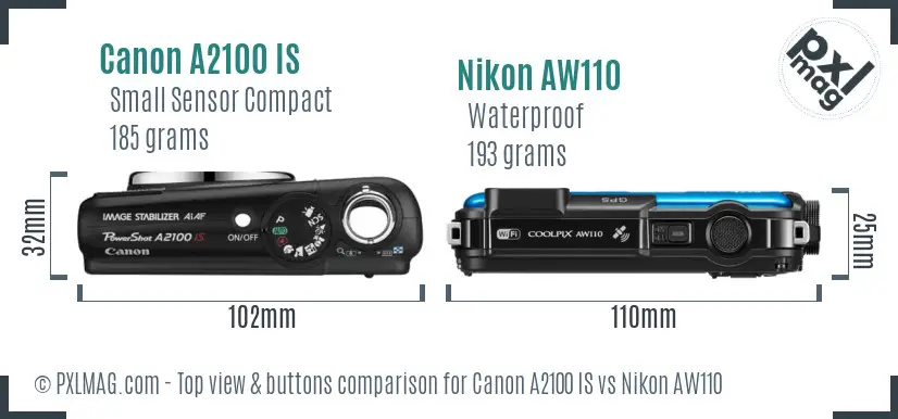 Canon A2100 IS vs Nikon AW110 top view buttons comparison Canon A2100 IS vs Nikon AW110 top view buttons comparison