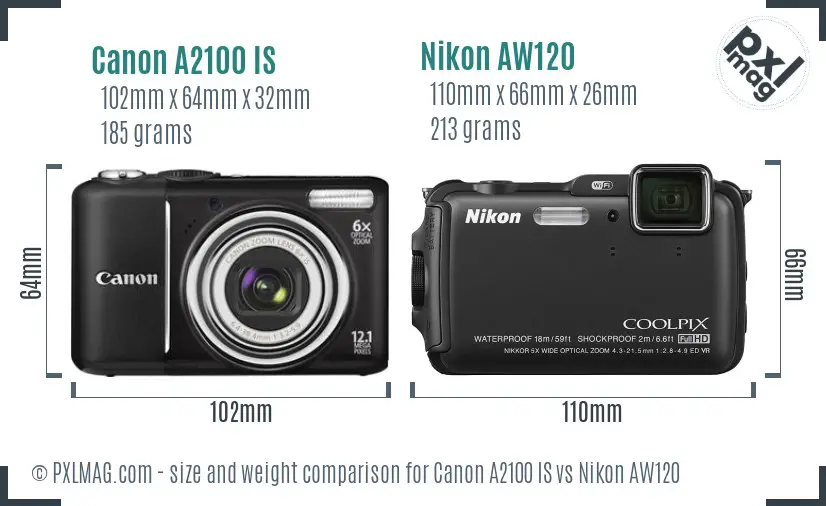 Canon A2100 IS vs Nikon AW120 size comparison