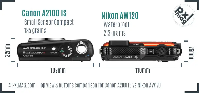 Canon A2100 IS vs Nikon AW120 top view buttons comparison