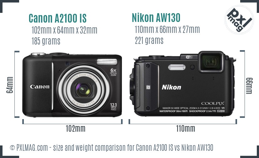Canon A2100 IS vs Nikon AW130 size comparison
