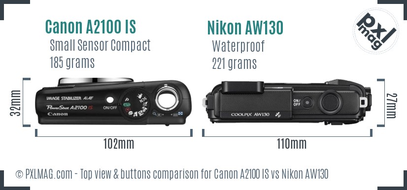 Canon A2100 IS vs Nikon AW130 top view buttons comparison
