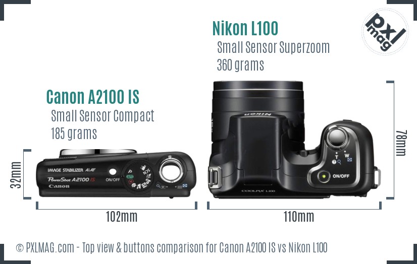 Canon A2100 IS vs Nikon L100 top view buttons comparison