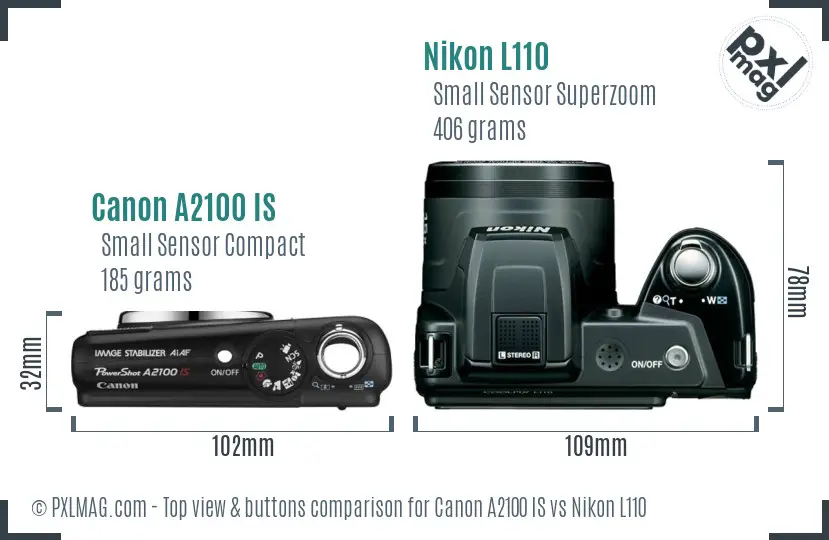 Canon A2100 IS vs Nikon L110 top view buttons comparison