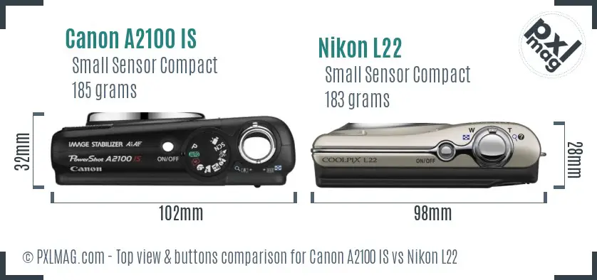 Canon A2100 IS vs Nikon L22 top view buttons comparison