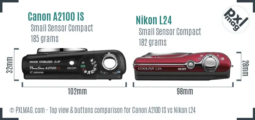 Canon A2100 IS vs Nikon L24 top view buttons comparison