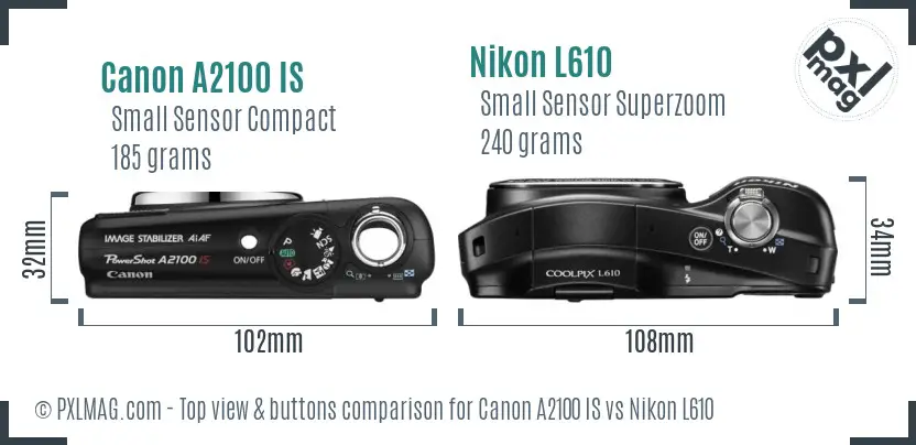 Canon A2100 IS vs Nikon L610 top view buttons comparison