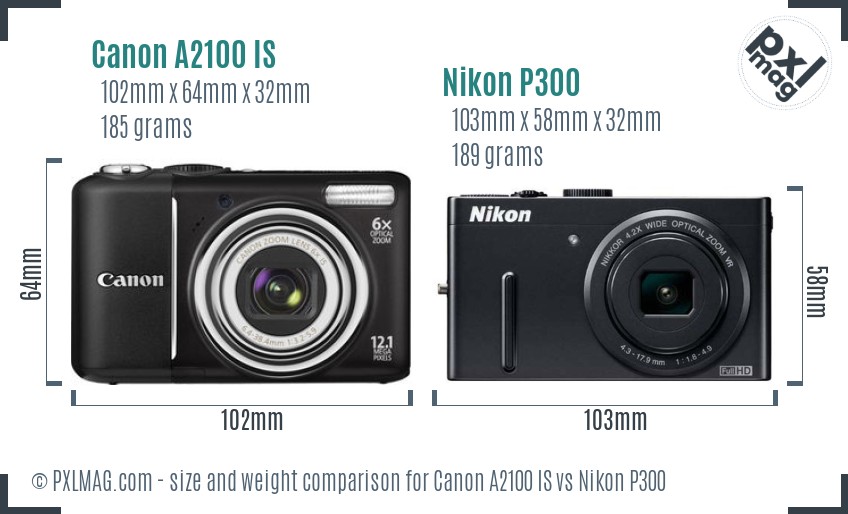 Canon A2100 IS vs Nikon P300 size comparison