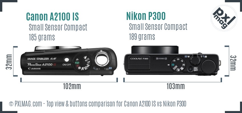 Canon A2100 IS vs Nikon P300 top view buttons comparison