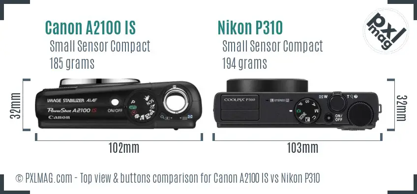 Canon A2100 IS vs Nikon P310 top view buttons comparison Canon A2100 IS vs Nikon P310 top view buttons comparison