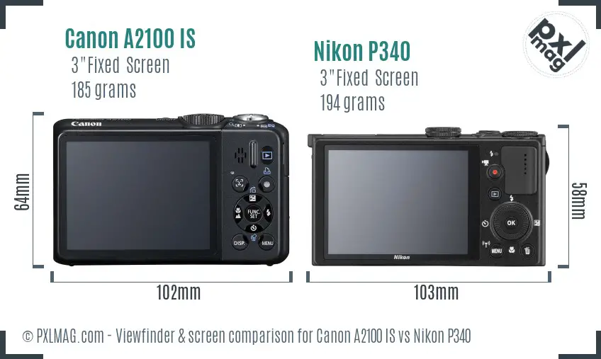 Canon A2100 IS vs Nikon P340 Screen and Viewfinder comparison