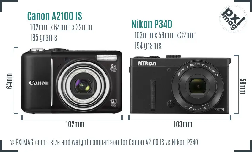 Canon A2100 IS vs Nikon P340 size comparison