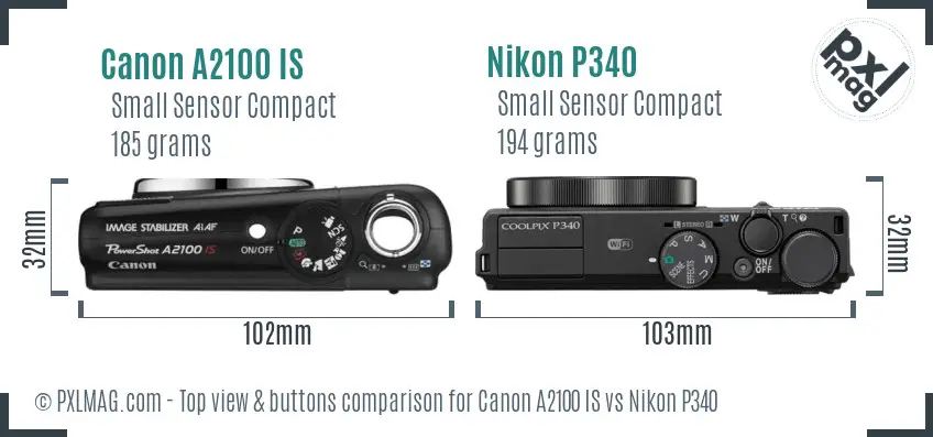 Canon A2100 IS vs Nikon P340 top view buttons comparison