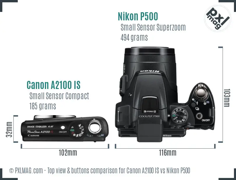Canon A2100 IS vs Nikon P500 top view buttons comparison Canon A2100 IS vs Nikon P500 top view buttons comparison